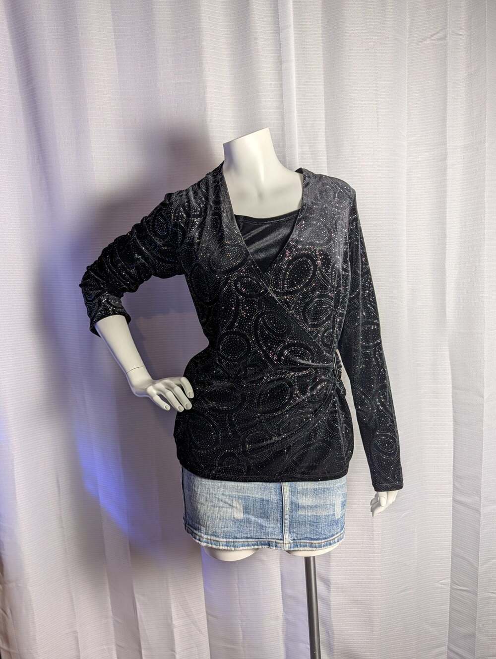 Notations Black Velvet Glitter Paisley Wrap Top with Side Ring Detail